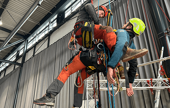 Four diverse professionals collaboratively working on a laptop, with one person pointing at the screen while others observe.