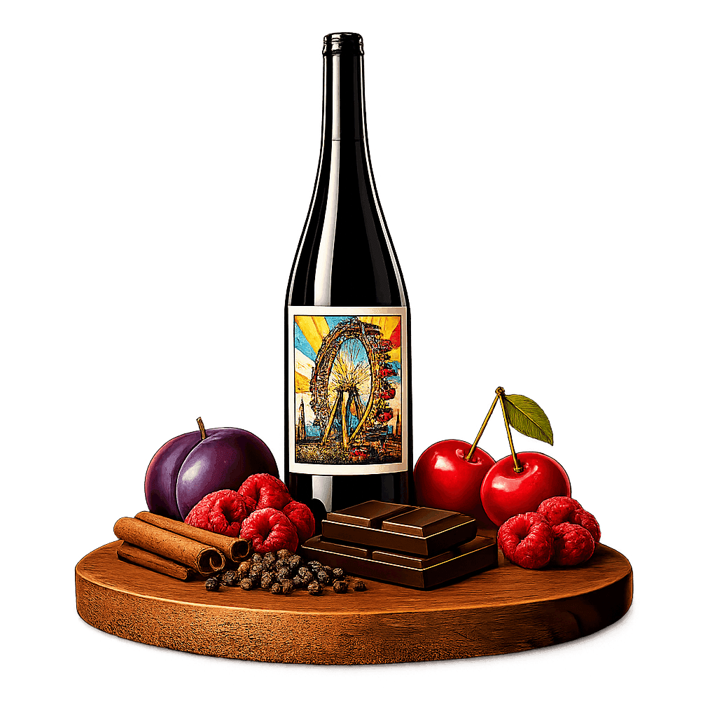 Artistic label and flavor profile for Austrian Zweigelt on a rustic wooden table.