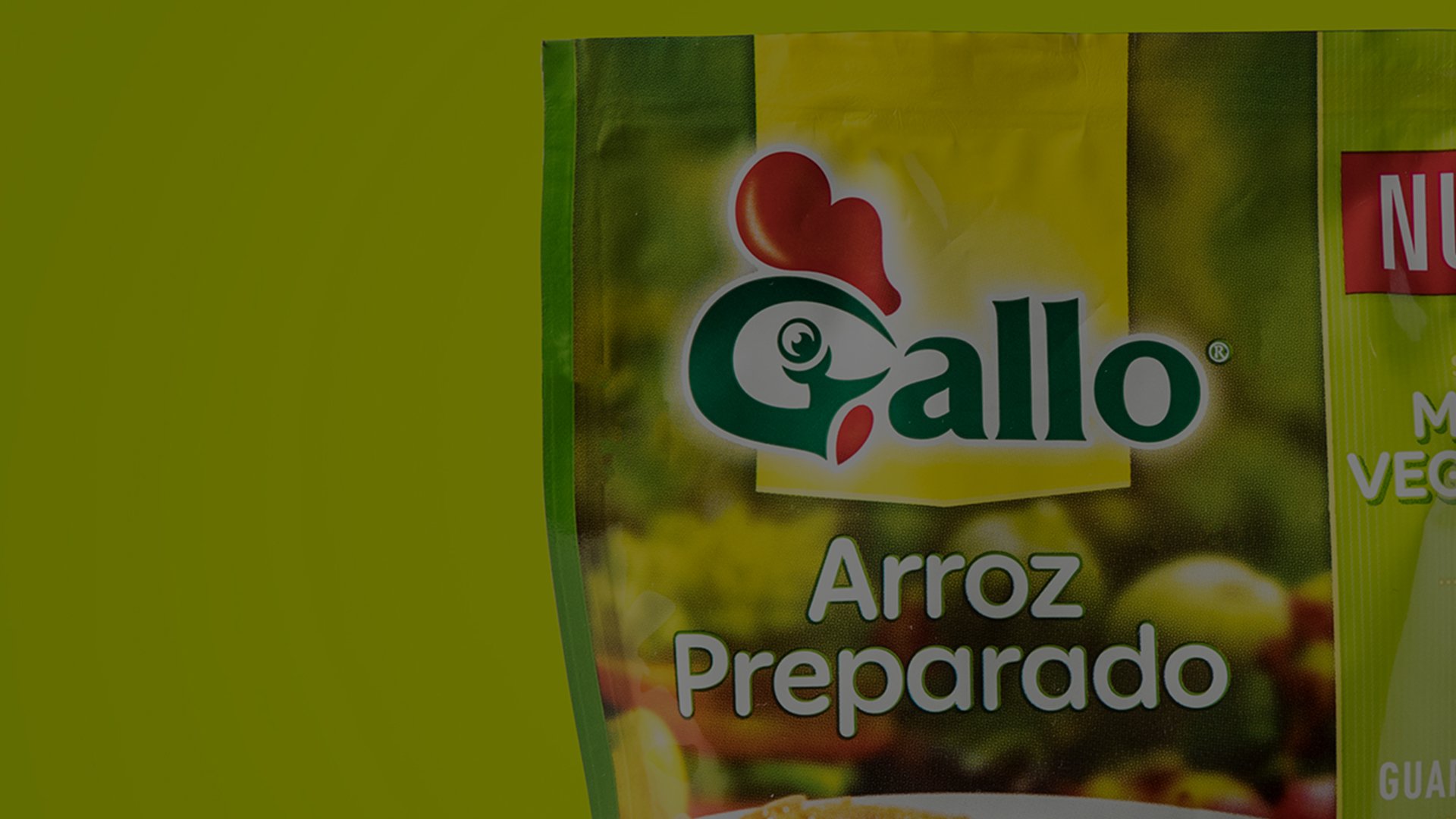 Close-up of a Gallo brand bag with the logo and "Arroz Preparado" text, set against a green background. The packaging design hints at a vibrant, savory product.