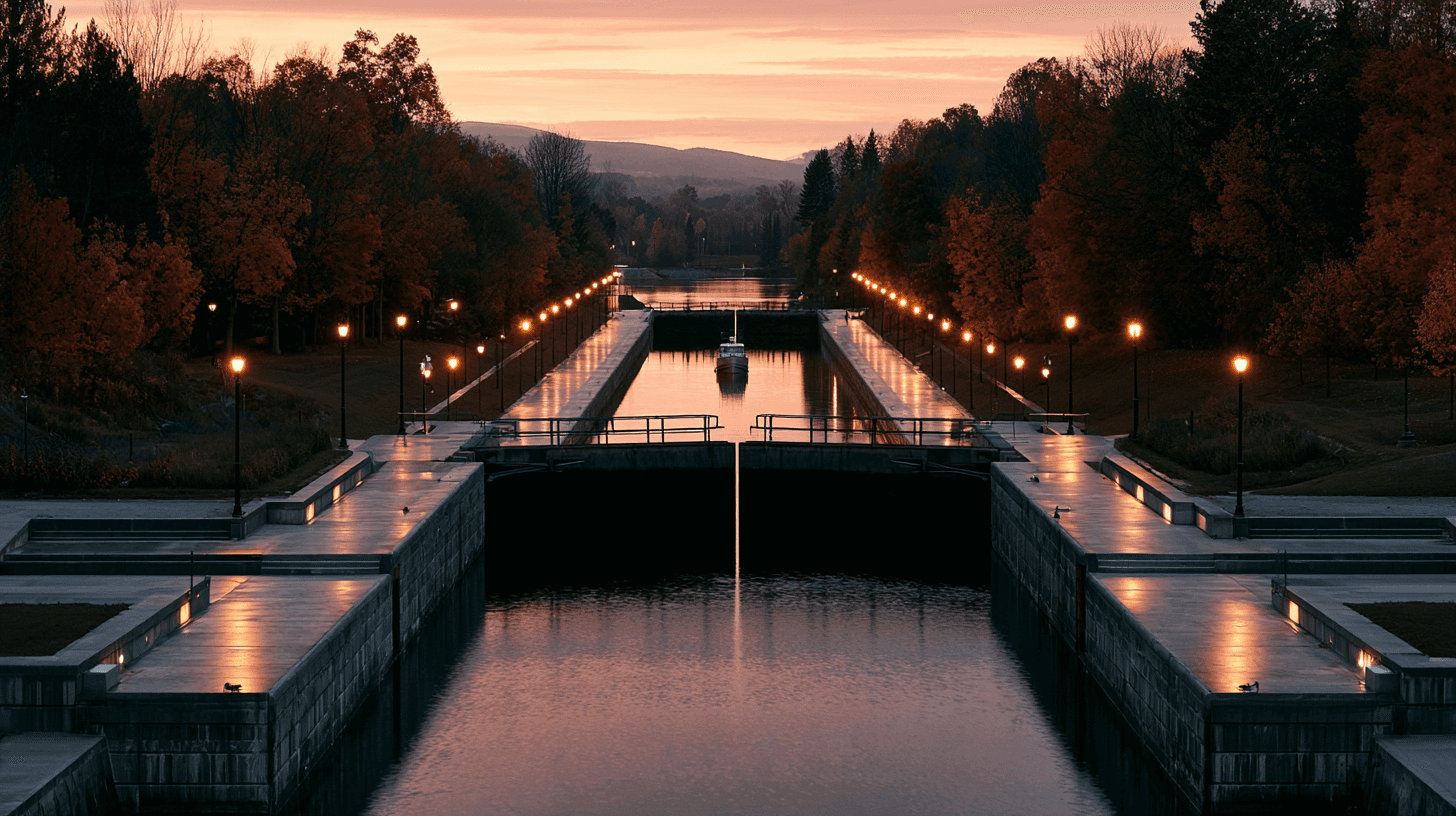 Power boat in an Erie Canal lock during autumn