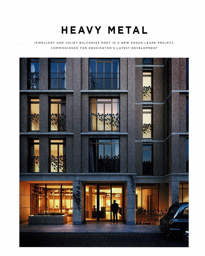 Luxury London magazine July 2018 front cover titled Heavy Metal showing the cast-bronze leaf facade designed by Shaun Leane for the Kensington architectural project.