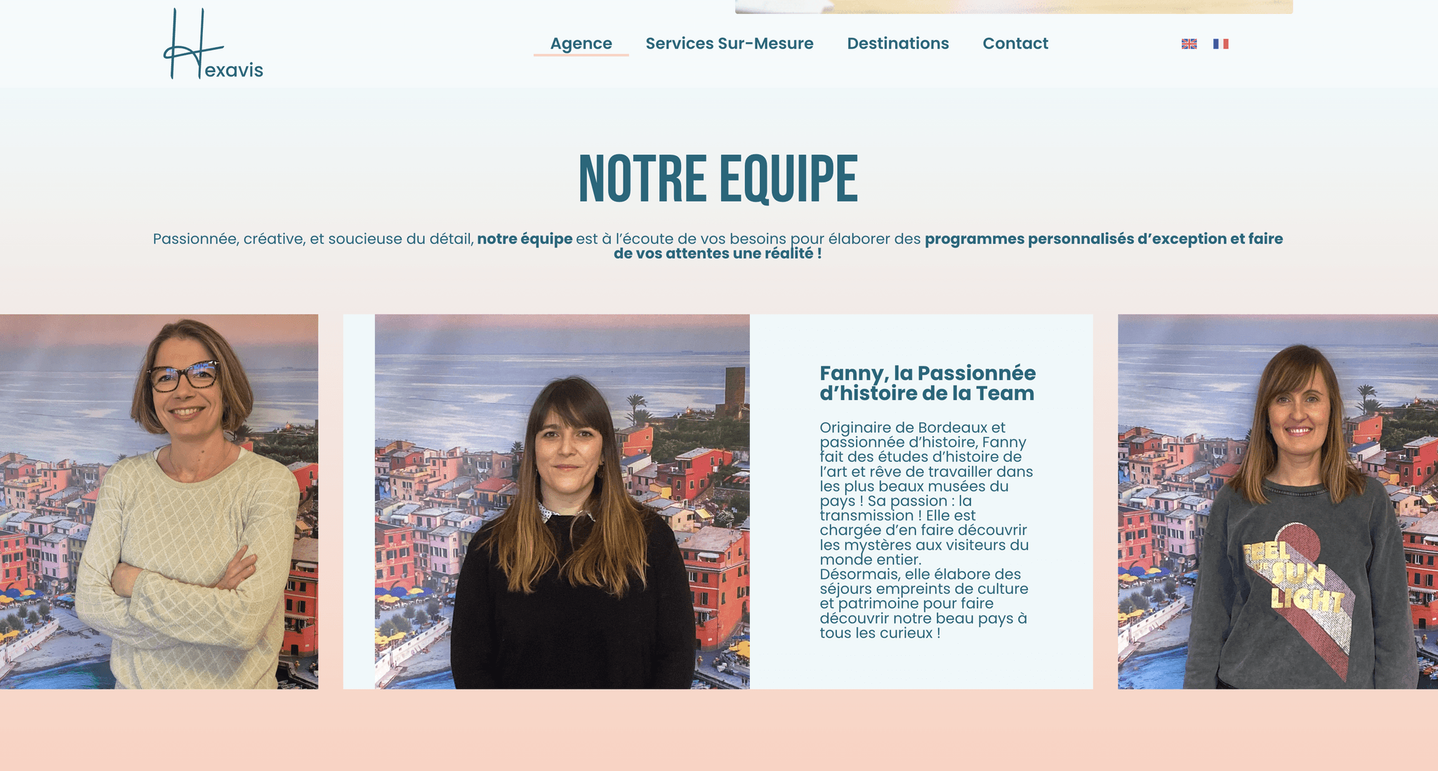 Section équipe du site Hexavis : design UI valorisant le capital humain et la réassurance client via une présentation épurée des experts.