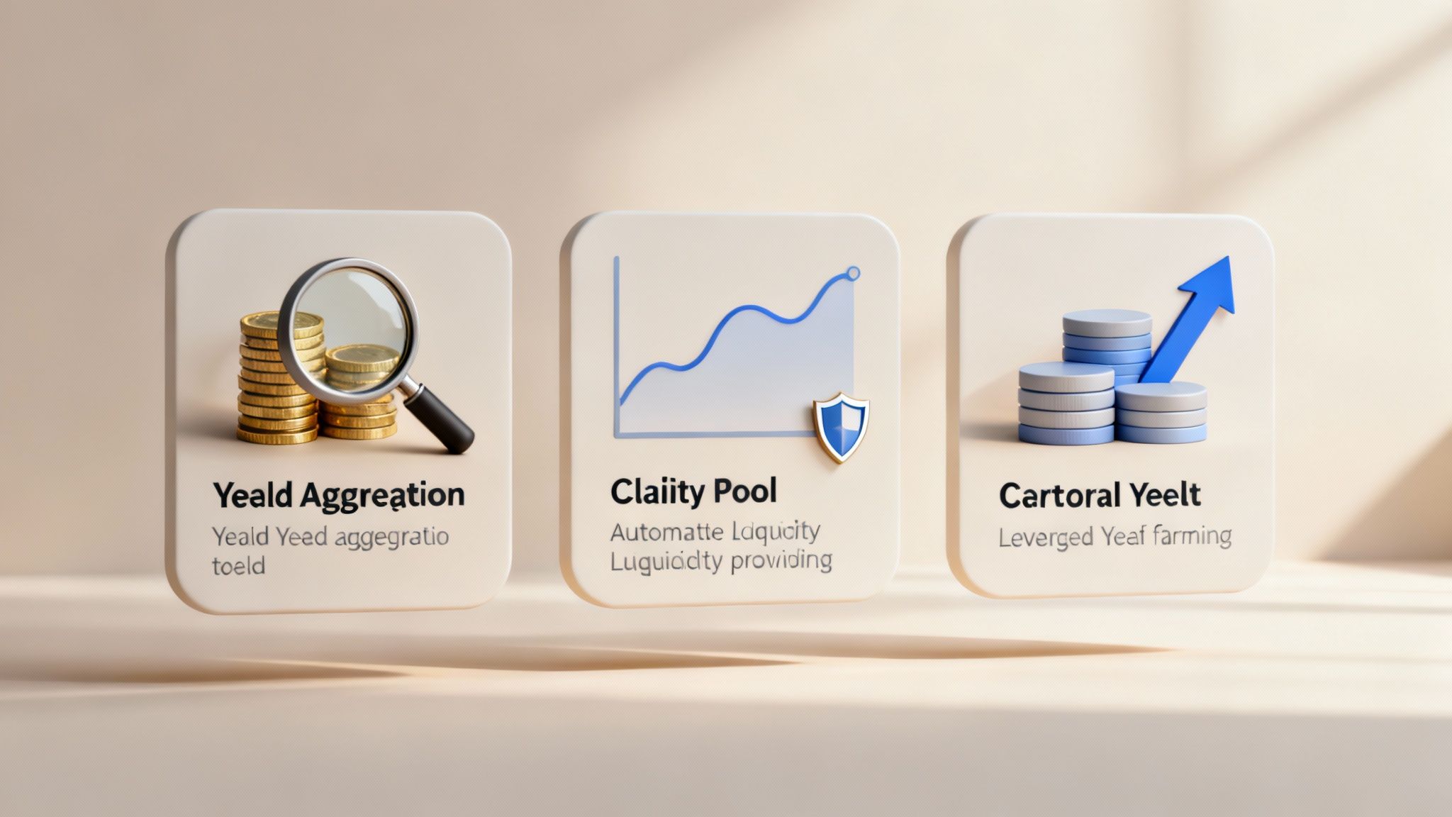 Three graphic cards illustrate financial strategies: yield aggregation, liquidity pools, and leveraged farming.