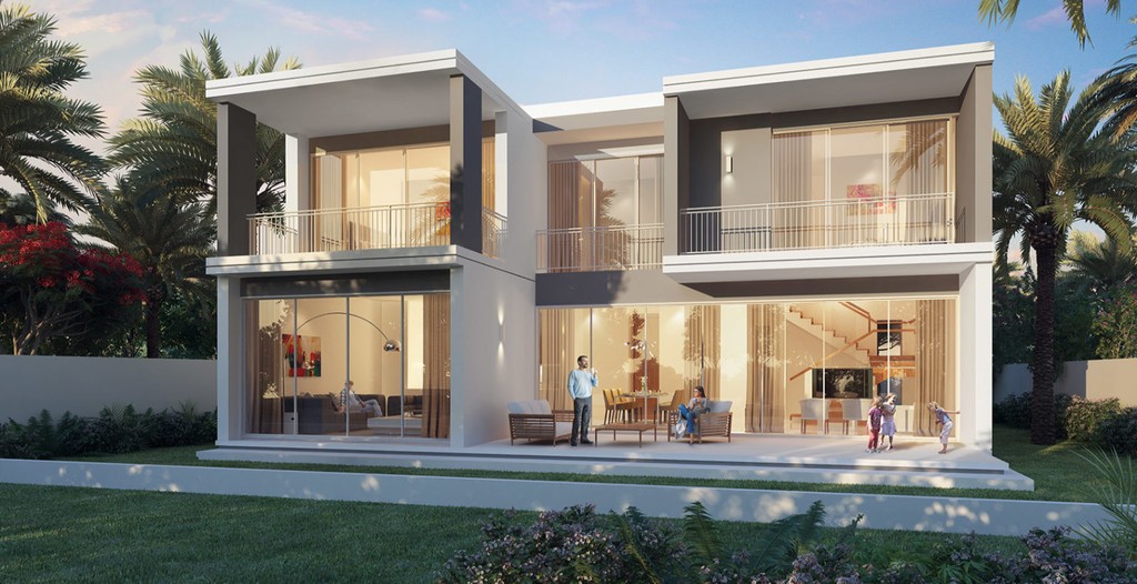 Modern Sidra Villa in Dubai featuring sleek architecture and lush landscaping under a clear blue sky.