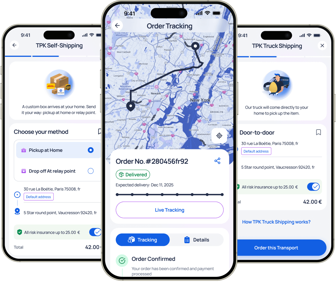 MYTPK app screens: shipping options and tracking 