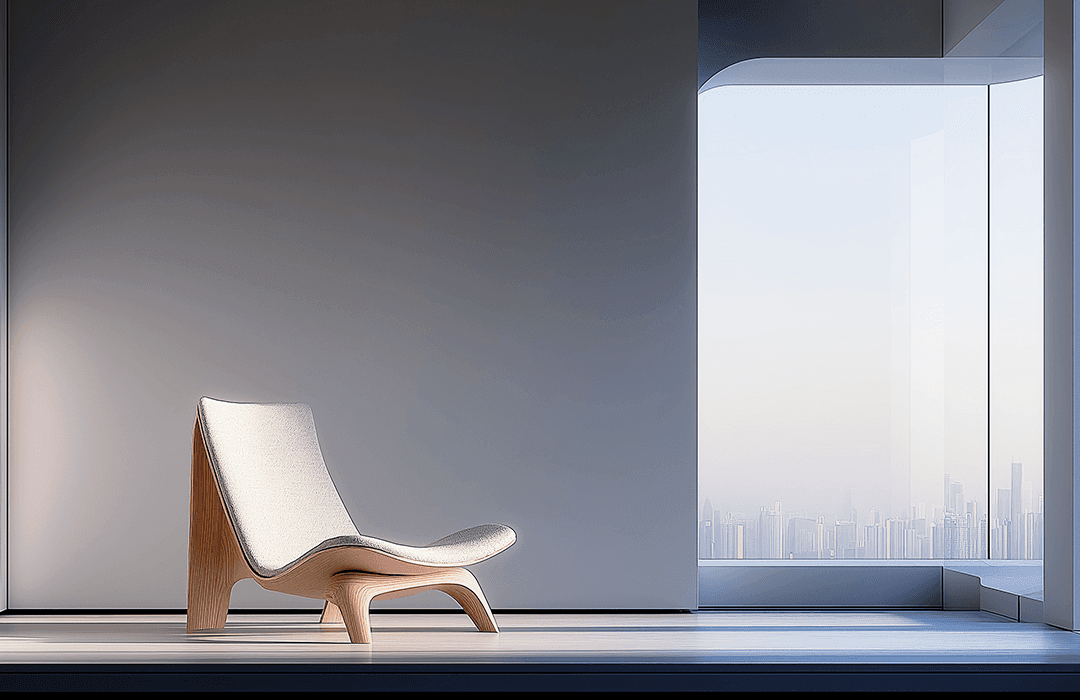 Uma poltrona de design moderno e minimalista com assento branco e pés de madeira clara, posicionada em uma sala ampla e vazia. Ao fundo, uma grande janela de vidro revela a silhueta de uma metrópole sob uma névoa suave