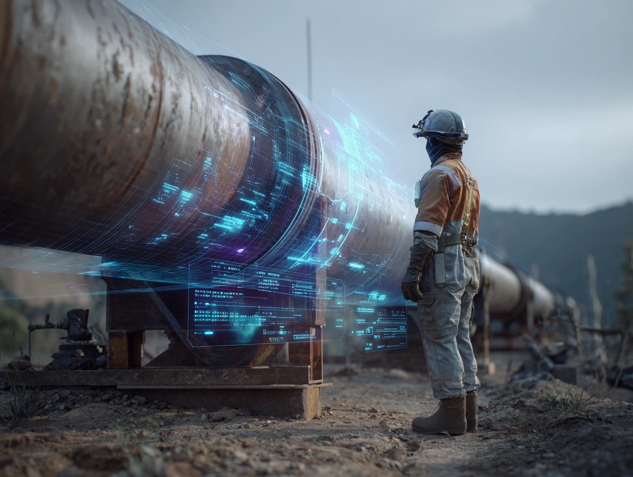 Engineer in safety gear inspects a large pipeline with digital data overlay, showcasing energy infrastructure.