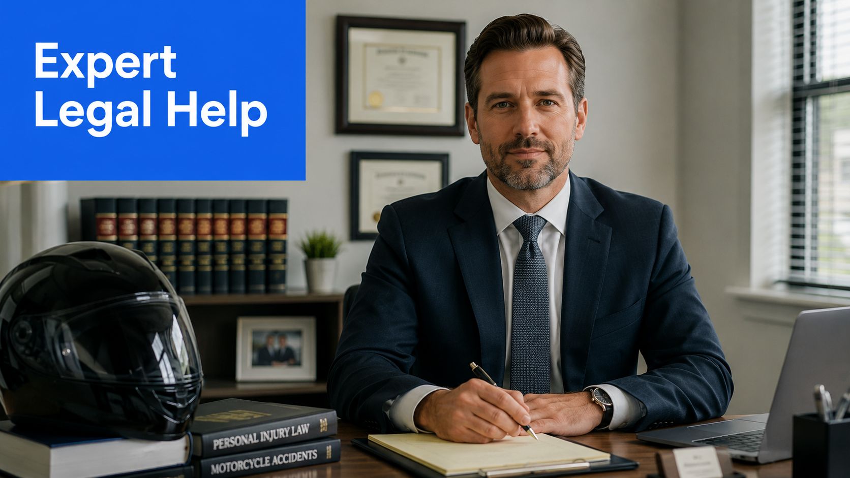 A professional lawyer sitting at his desk with a motorcycle helmet, representing motorcycle accident legal services.