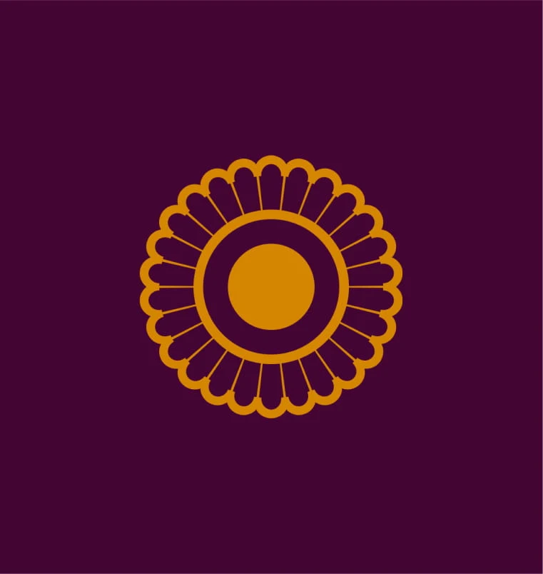 Centered golden mandala resembling a sunflower, with scalloped petals and a circular orange center on a deep purple background, calm and bold.