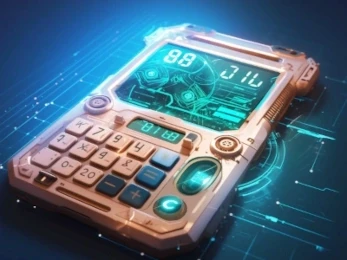 Image d'une calculatrice futuristique ultra réaliste, avec des hologrammes en guise d'écran et des motifs qui ne ressemblent pas aux écritures humaines traditionnelles qui ornent les touches.