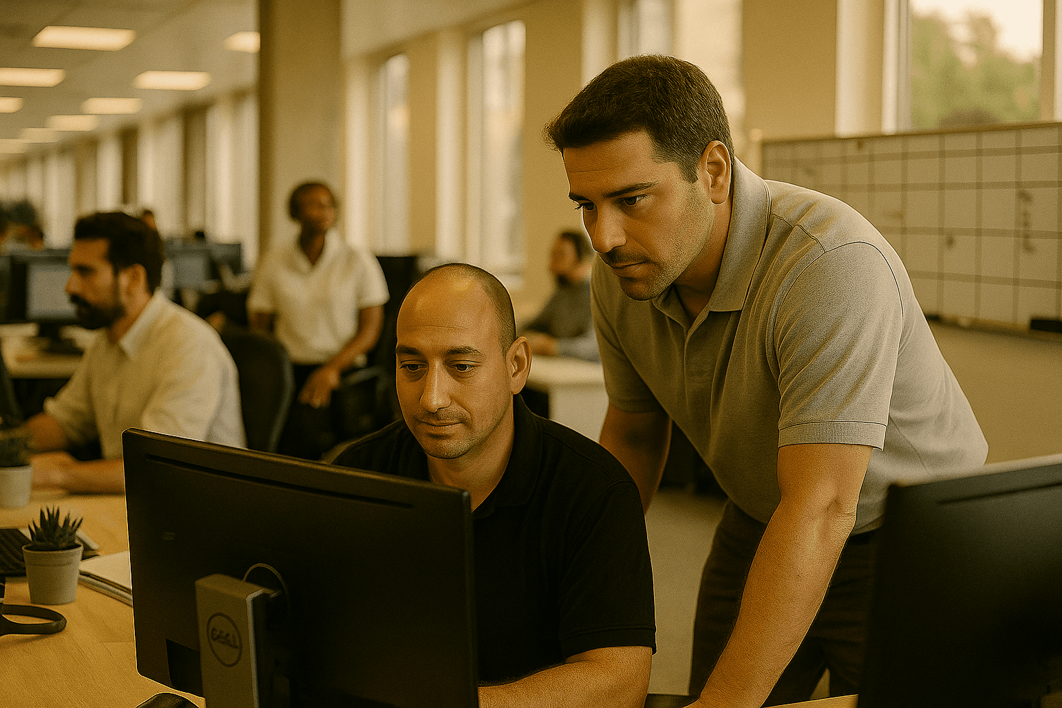 Two team members at TownCar International working together in an office, managing luxury transportation and chauffeur services.