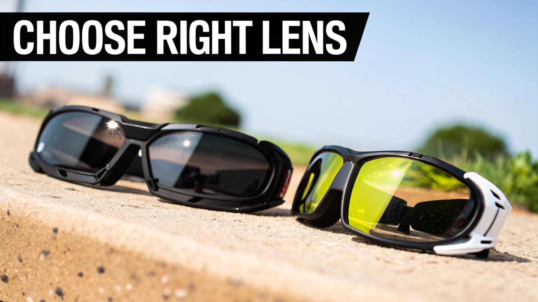 A close-up of a motorcyclist's protective eyewear reflecting a scenic road.