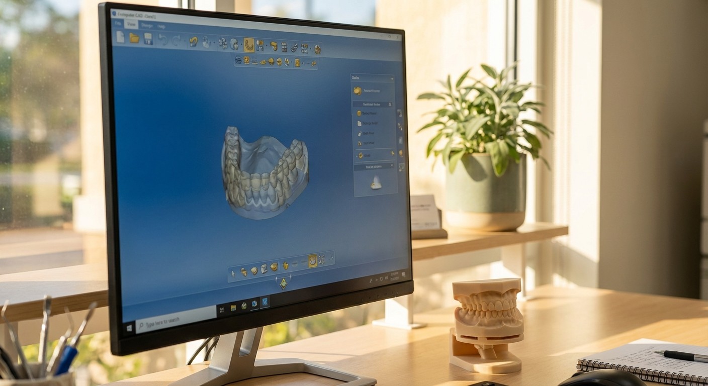 A CAD/CAM computer screen showing a digital denture design with a 3D-printed denture model beside it