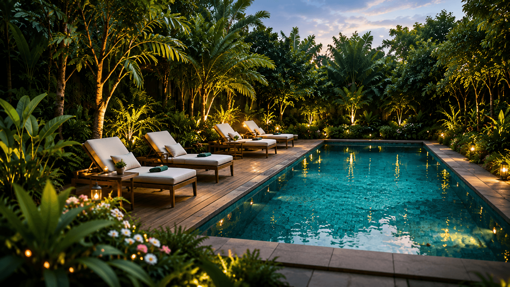 Poolside garden setup with warm evening lights