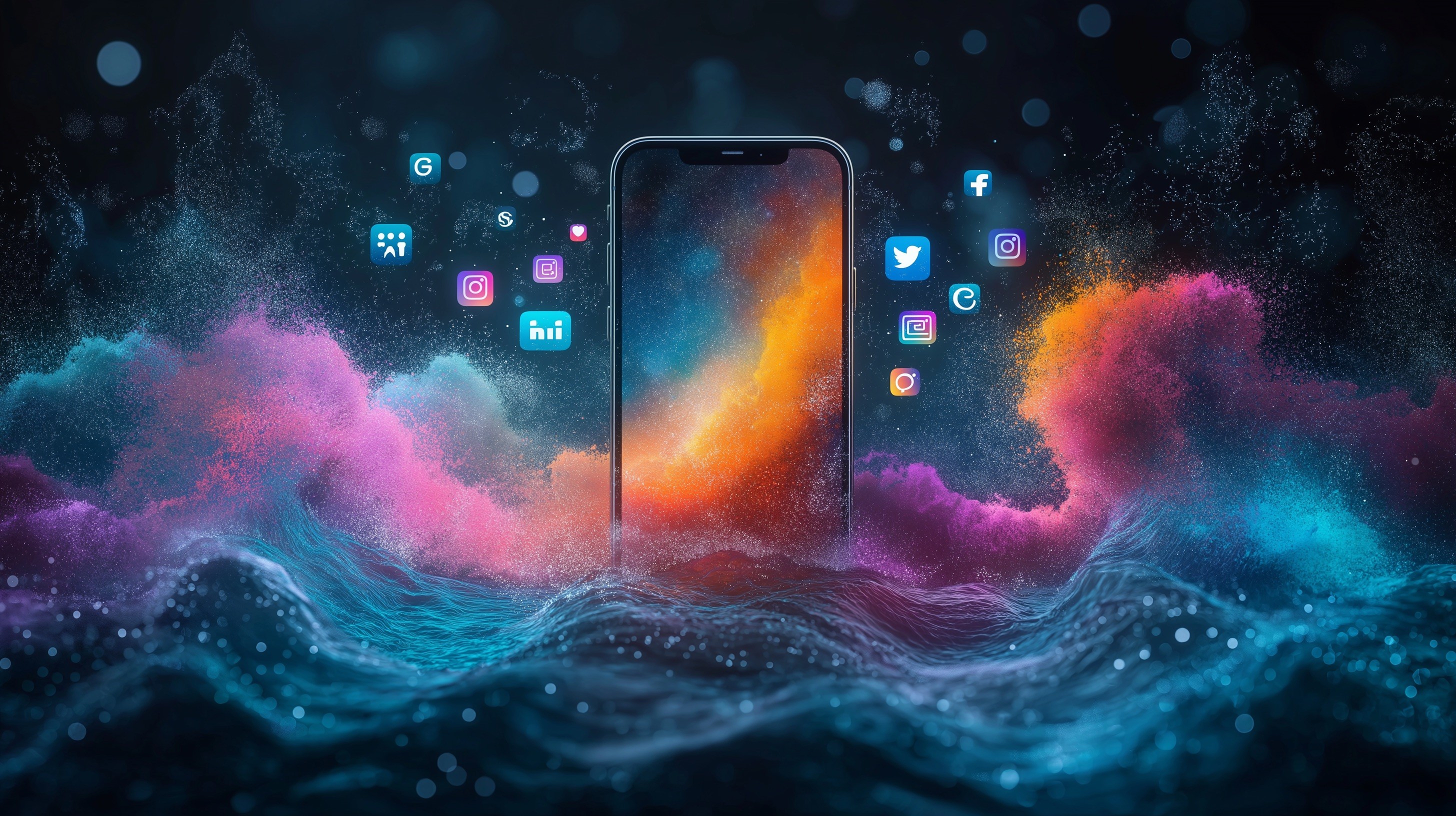 Smartphone surrounded by social media icons such as Facebook, Instagram, LinkedIn, and Twitter, with colorful abstract waves in the background symbolizing digital connection and growth.