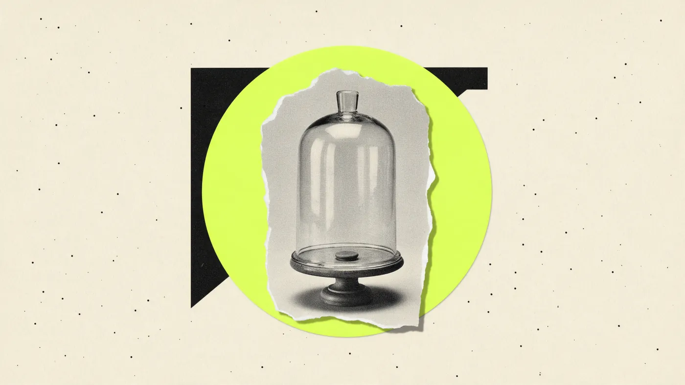 Redoma de vidro vintage sobre círculo verde-lima, o teste de laboratório por trás da nota do PageSpeed
