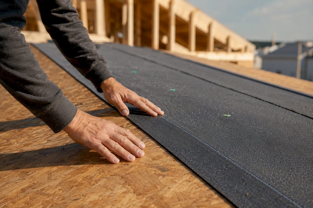 Hands installing roofing starter strips and underlayment