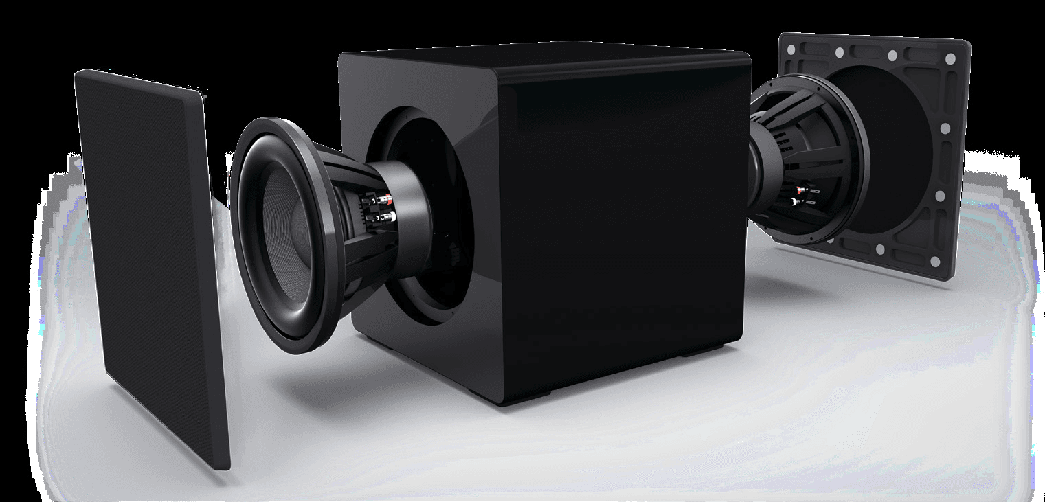 Black subwoofer with parts exploded