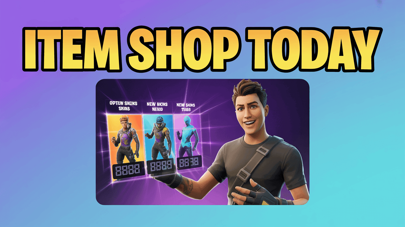 Fortnite creator showcasing three glowing skins and item shop countdown with ITEM SHOP TODAY text