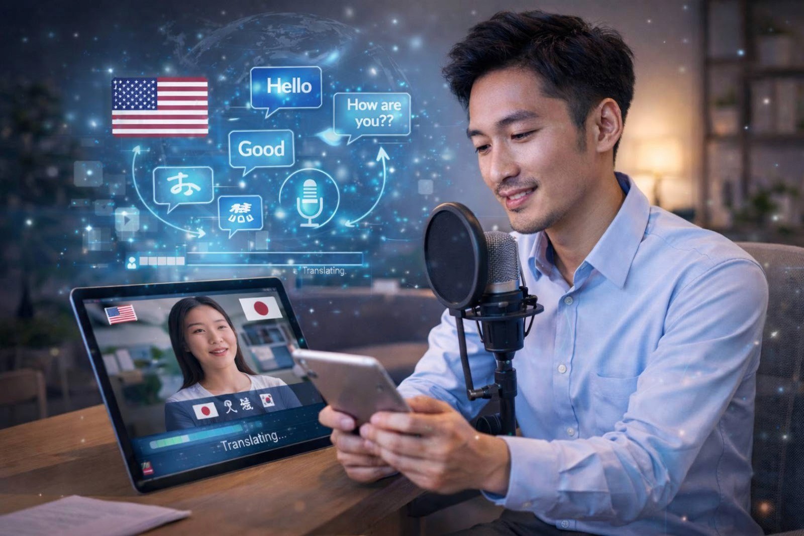 Video Translator for employee onboarding voiceovers and subtitles, man recording audio with translated video call and language icons