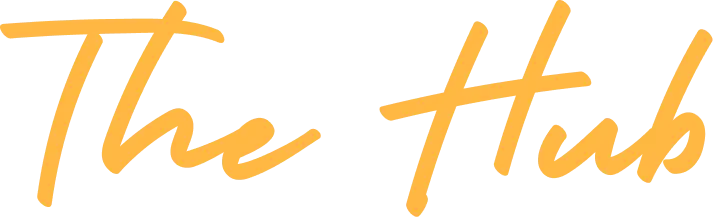 Orange pixelated text: The Hub.