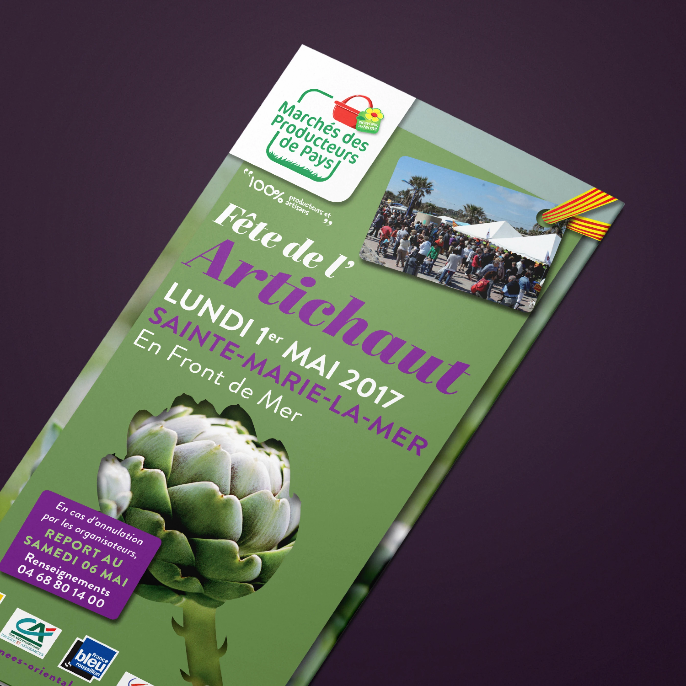 Vue rapprochée du recto du flyer événementiel Fête de l'Artichaut avec logo Marchés des Producteurs de Pays.