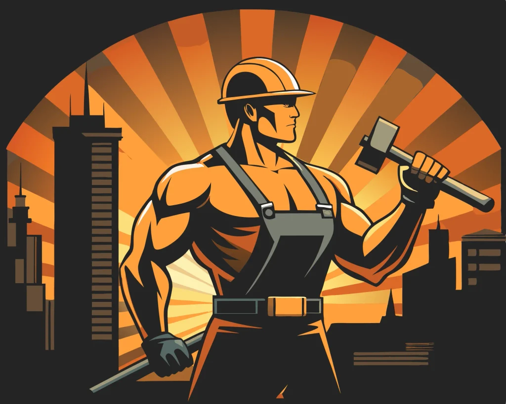 Muscular Construction Man with a Hammer in left hand. Abstract Image