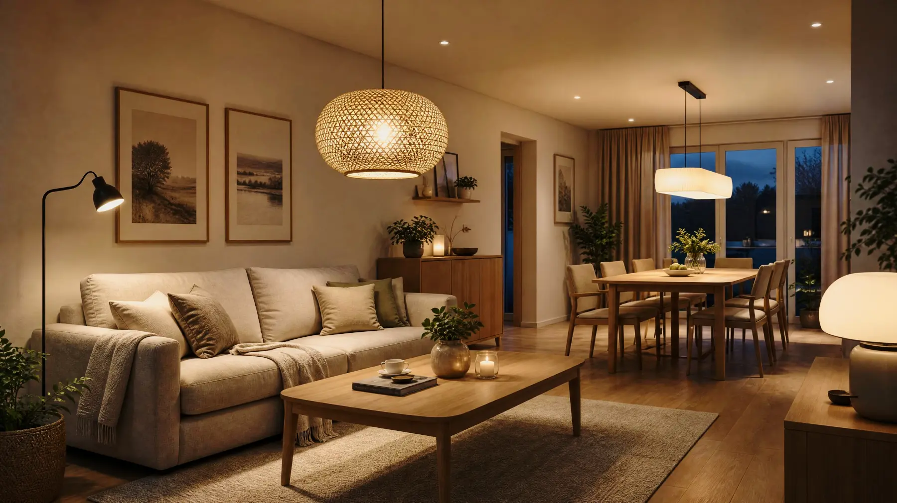 Wohnbereich mit beigem Sofa, rundem Holztisch, Stehleuchte und dahinterliegendem Essbereich mit Holztisch und Pendelleuchte