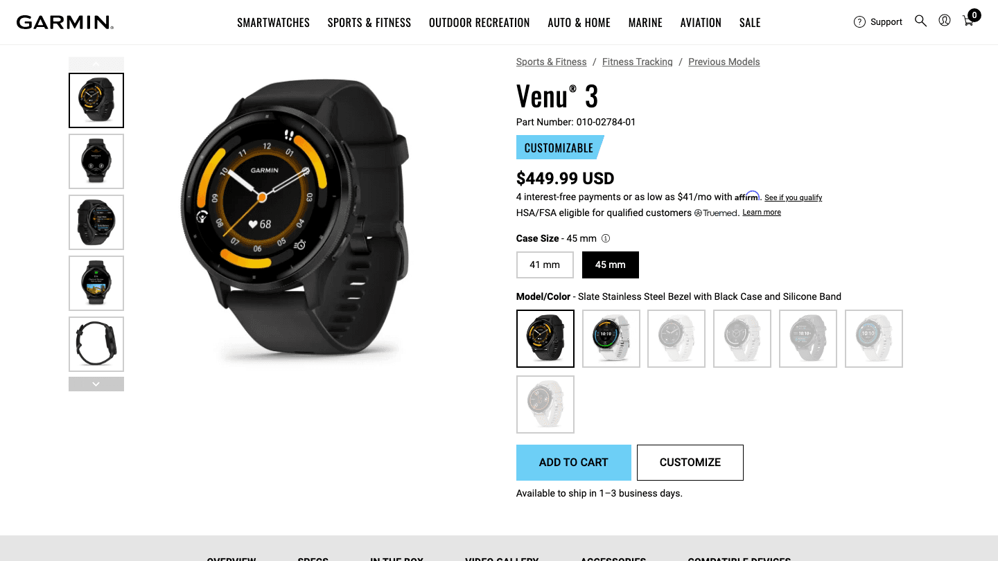 Garmin Venu 3 product page showing $449.99 price