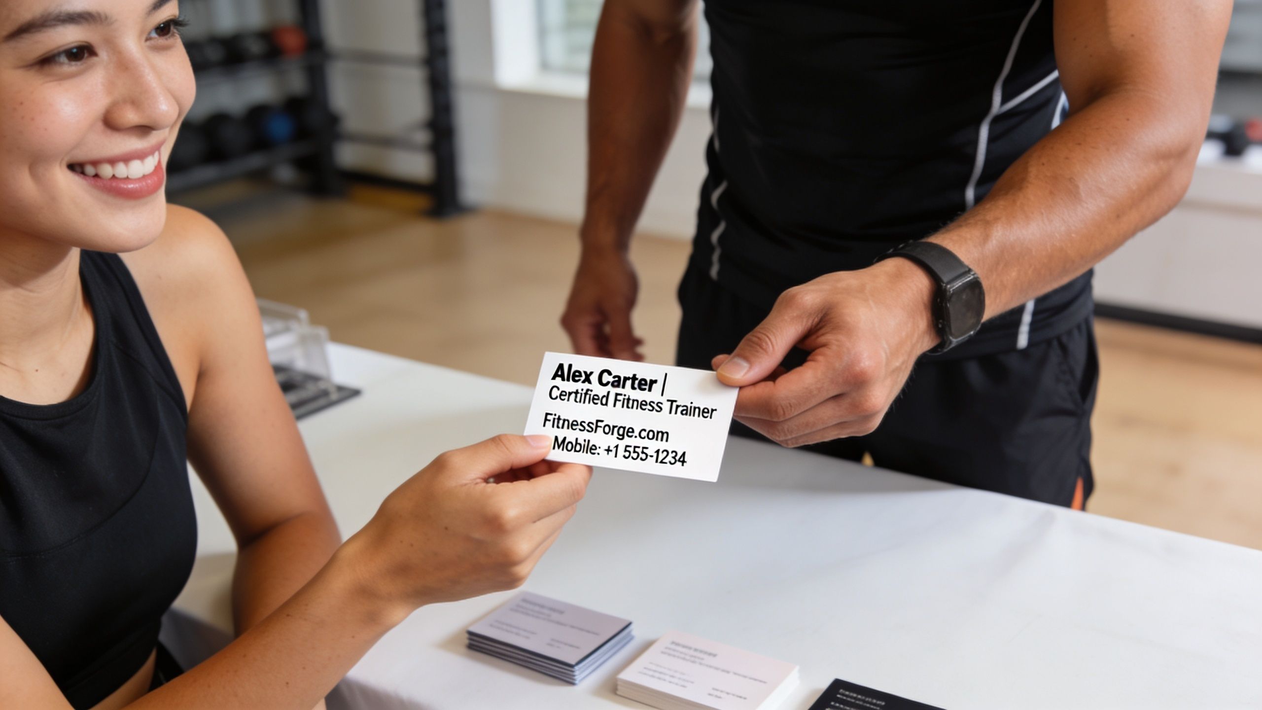 A fitness trainer hands a business card to a smiling client in a bright gym setting.
