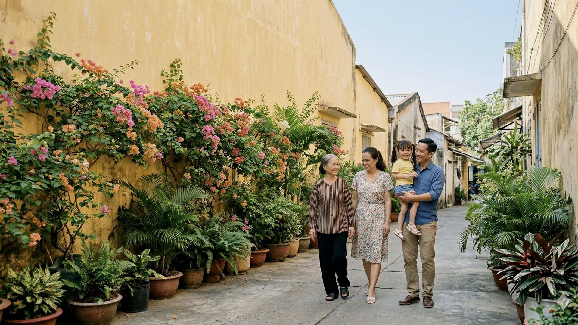 A wholesome multigenerational Vietnamese family—grandmother, parents, and young daughter—walking together through a quiet, sun-drenched Thao Dien alleyway in District 2, HCMC. The setting features a prominent yellow textured wall and lush green potted plants, reflecting a peaceful family counseling environment.