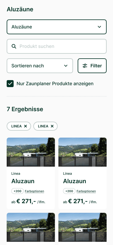 Produktübersichtsseite der GUARDI-Website für Aluzäune. Es gibt Filteroptionen zum Sortieren und eine Checkbox, um nur Produkte für den Zaunplaner anzuzeigen. Die Suchergebnisse zeigen Aluzäune des Modells ‘Linea’ mit einer Preisangabe ab €271 pro laufendem Meter und über 200 Farboptionen. Insgesamt werden sieben Ergebnisse angezeigt.