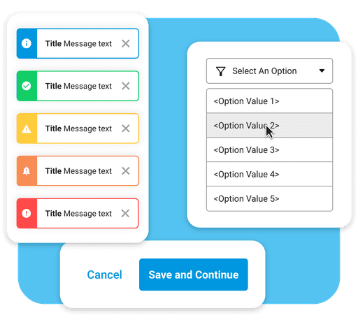 Interface showing a list of color-coded message templates with icons on the left, alongside a drop-down menu for selecting options, and featuring "Cancel" and "Save and Continue" buttons below.