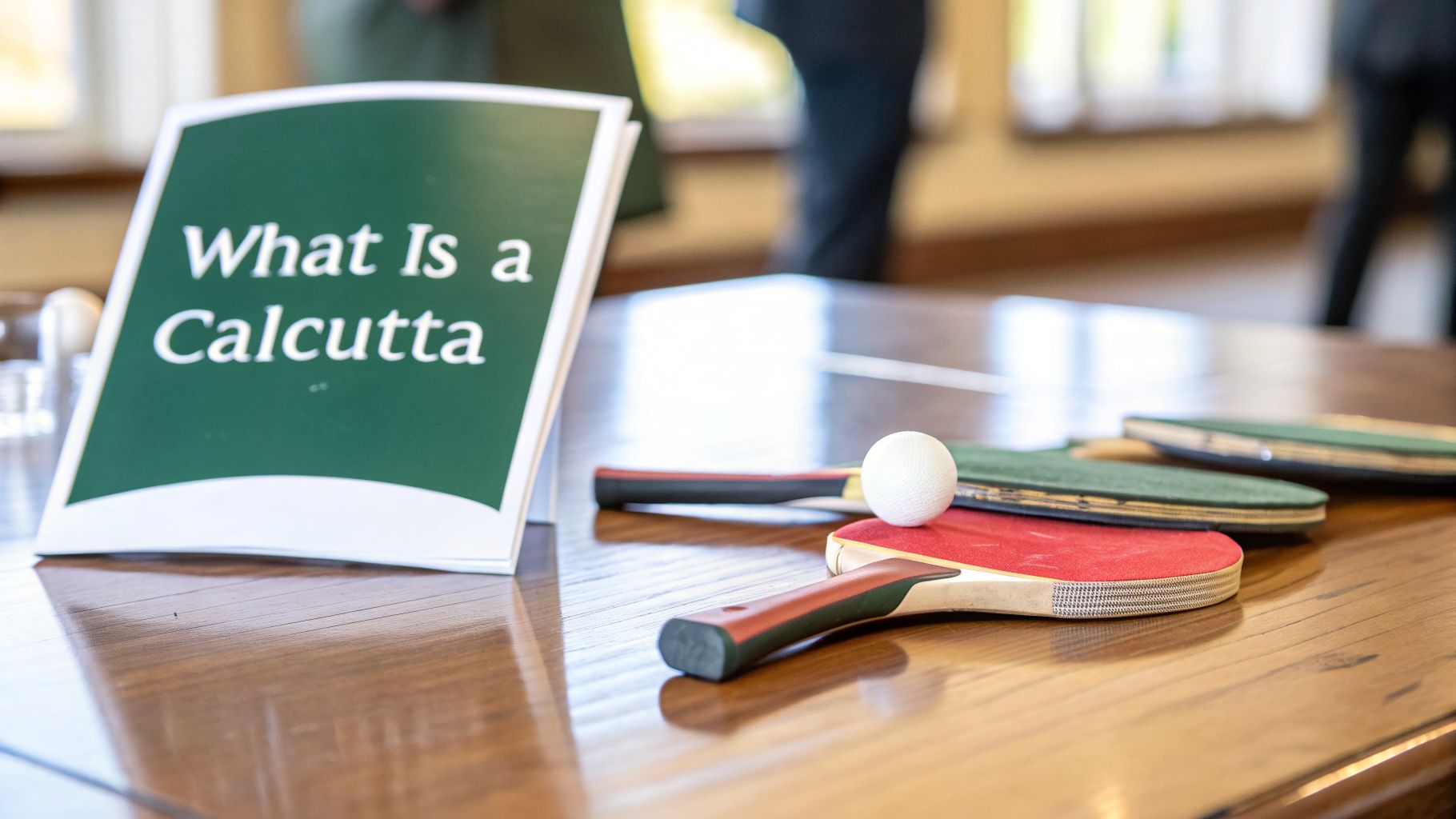 A sign on a wooden table asks 'What Is a Calcutta' next to ping-pong rackets and a ball.