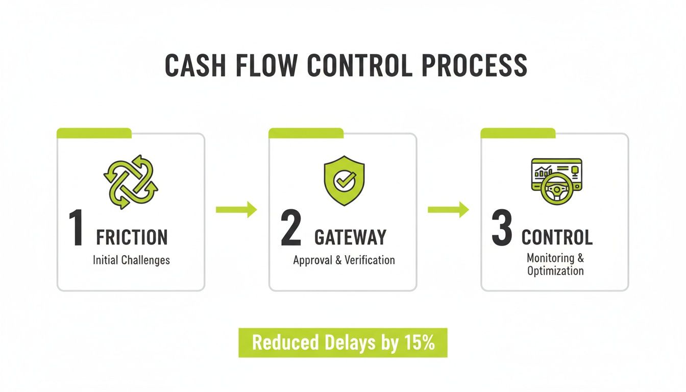 A diagram illustrates a three-step cash flow control process: Friction, Gateway, and Control, with a 15% delay reduction.