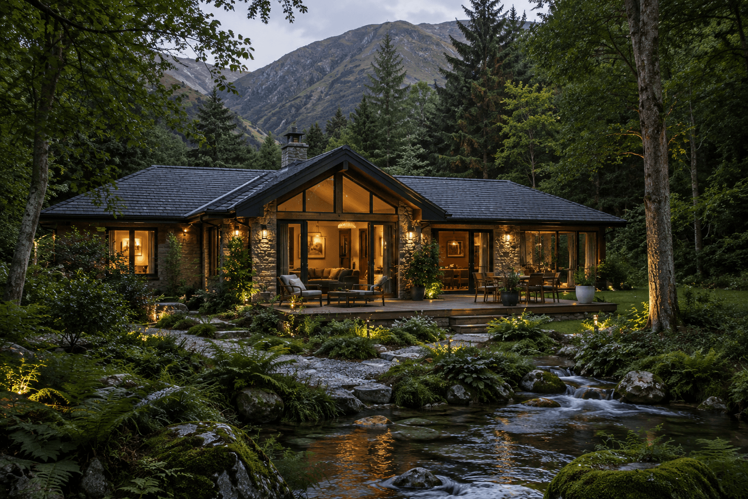 Single-level cedar bungalow set in a wooded hollow in Betws-y-Coed, Snowdonia