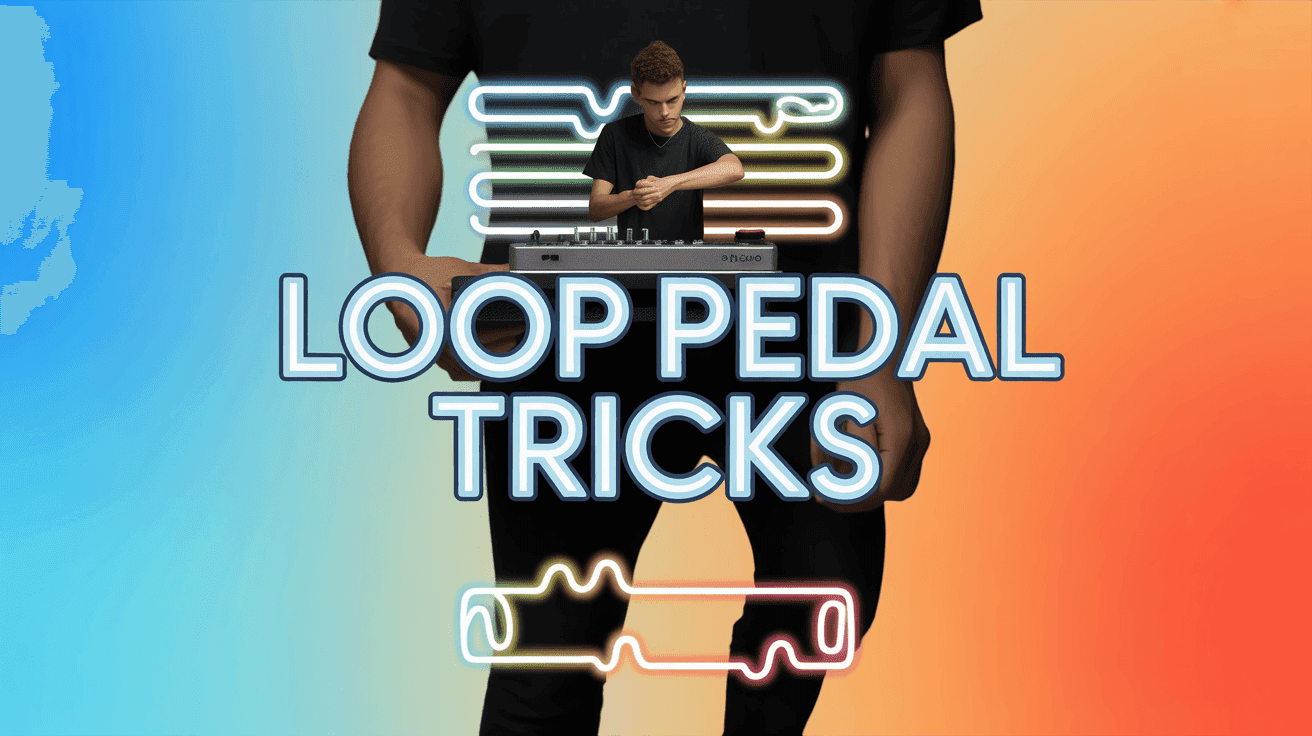 Loop Pedal Tricks Thumbnail Design, featuring a performer using a loop pedal with layered wave icons and glowing footwork highlights