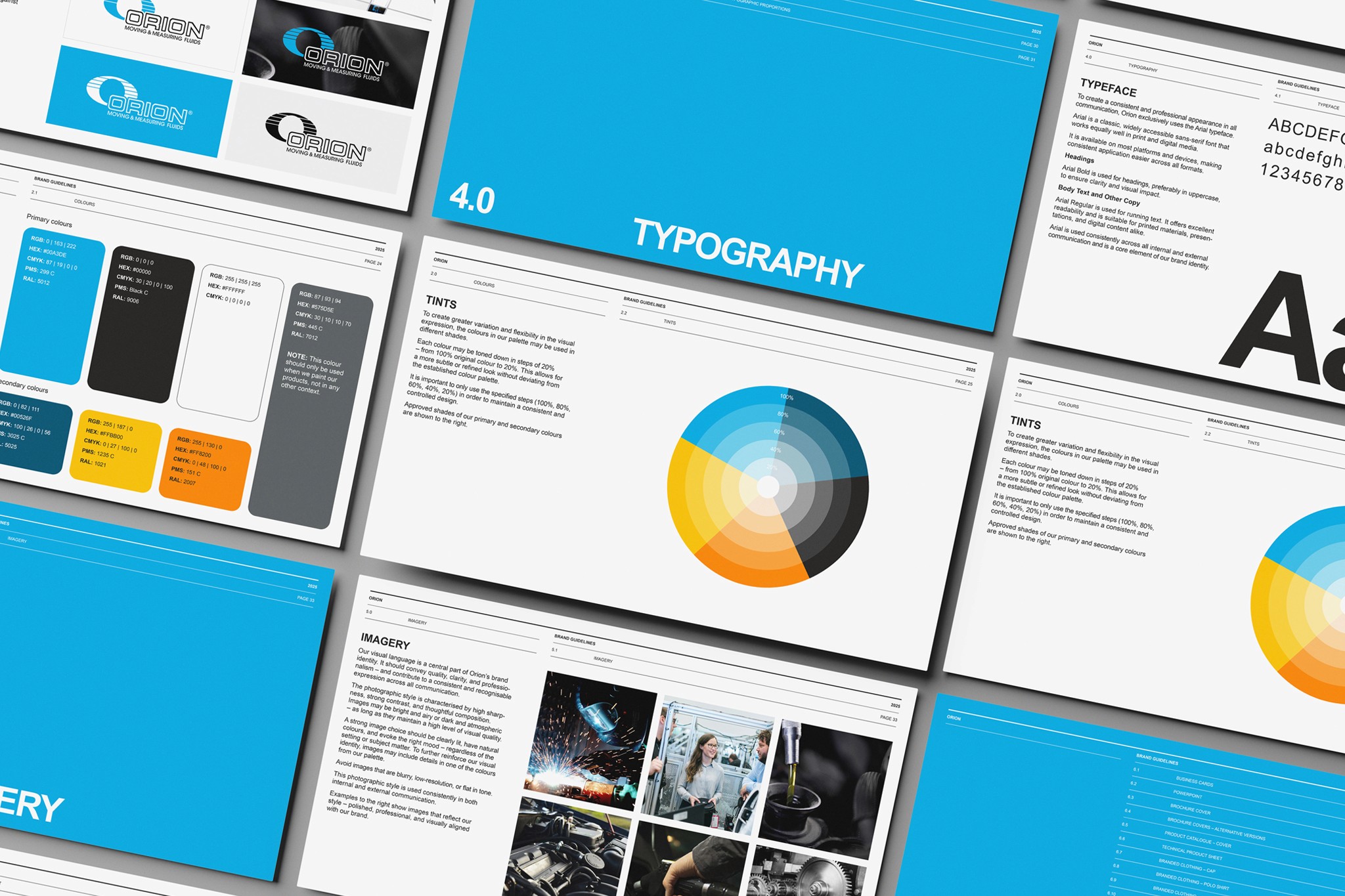 Overview of pages from Orion’s brand manual.