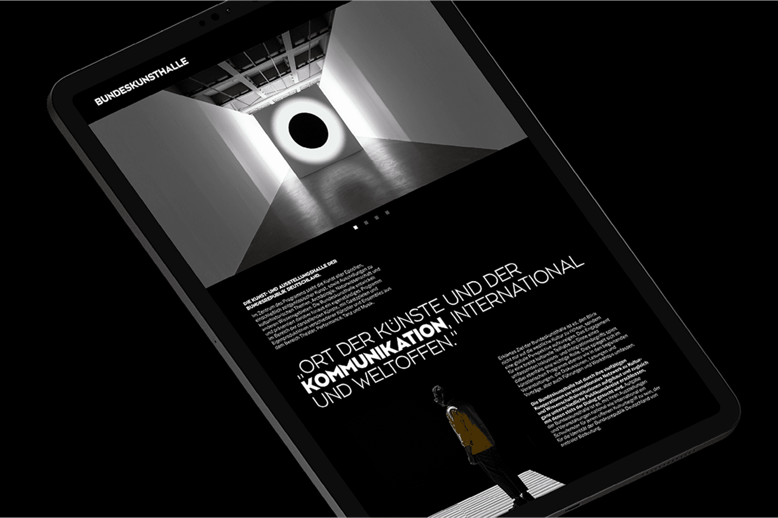 A dark-themed smartphone mockup displaying a camera feature and technical specifications.