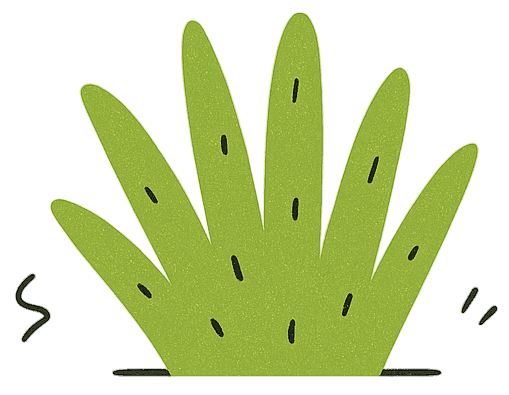 A stylized illustration of green grass or foliage with curved shapes and a lively appearance.
