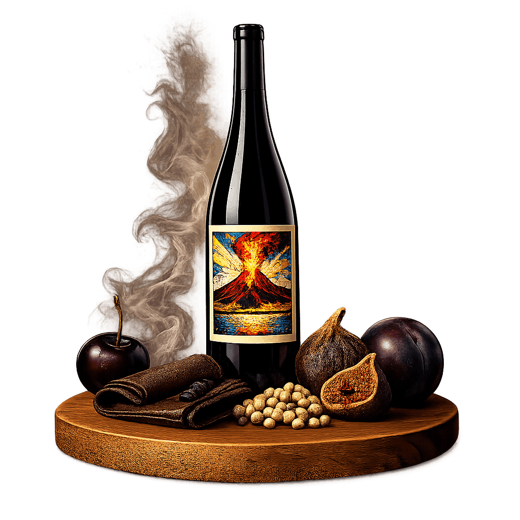 Artistic label and flavor profile for Southern Italy Aglianico on a rustic wooden table.