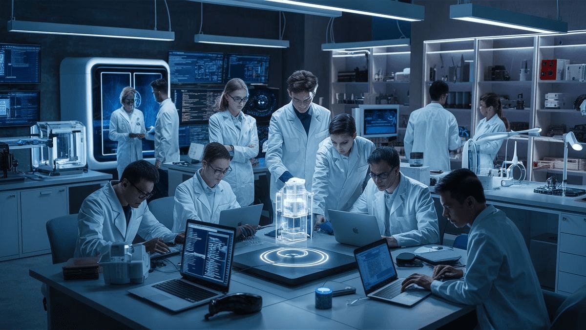 Scientists working in modern lab with digital interfaces