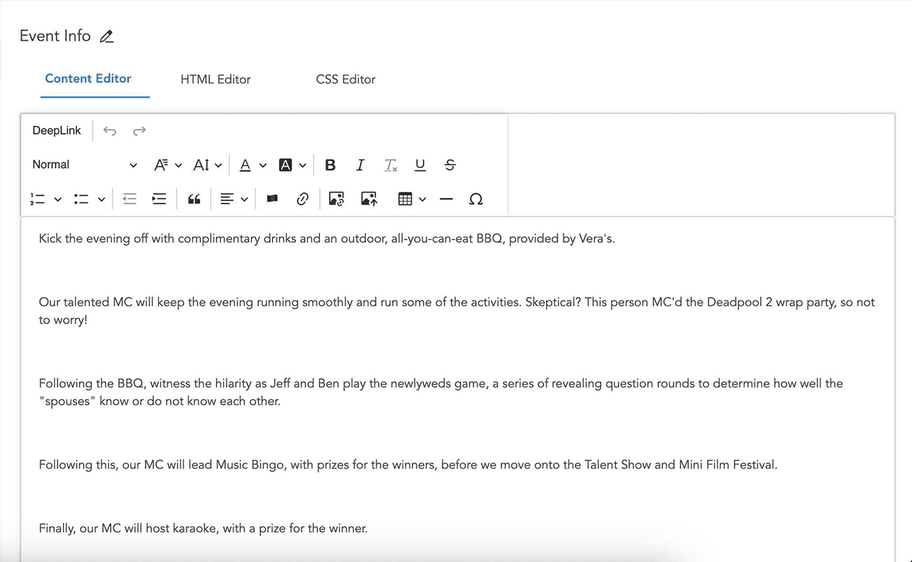 Legacy event content editor showing a rich text interface with HTML and CSS tabs, where event information appears as long blocks of unstyled text, making pages look plain and inconsistent.