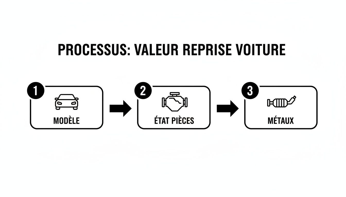 Diagramme illustrant le processus d'évaluation de la valeur de reprise d'une voiture en trois étapes: modèle, état des pièces et métaux.
