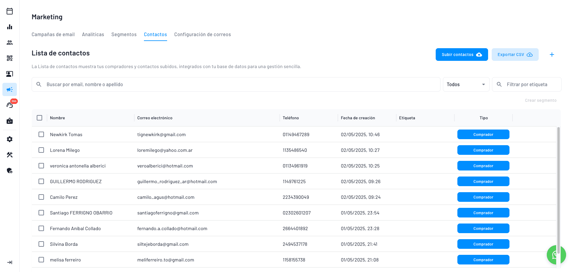 base de datos de todos tus compradores segmentada por tipo