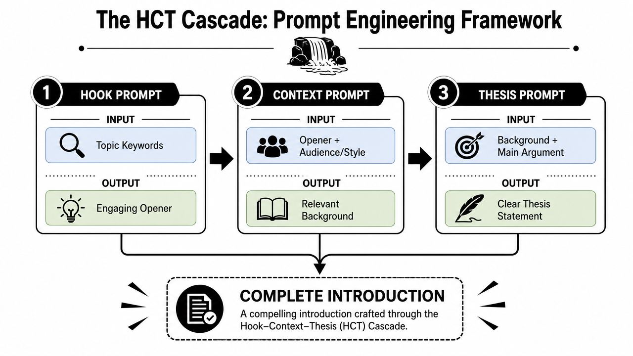 A diagram illustrating the HCT Cascade framework for generating compelling essay introductions using three sequential prompts.