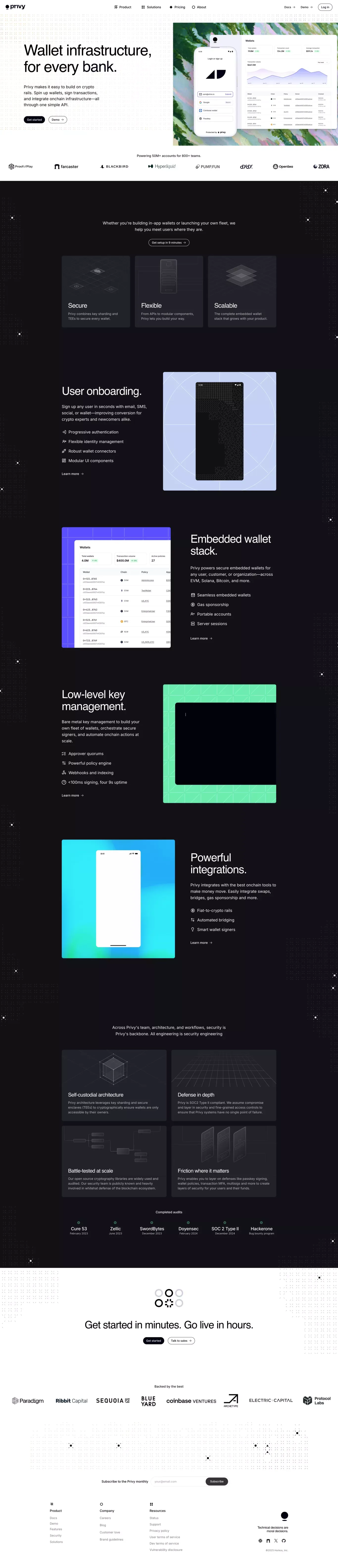 Privy - Wallet infrastructure, built for landing page screenshot showcasing Finance and Tech design