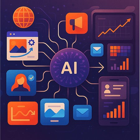Infographic showing AI at the center connected to various applications including analytics, marketing, communication, user profiles, and data visualization tools in purple, orange, and blue colors.