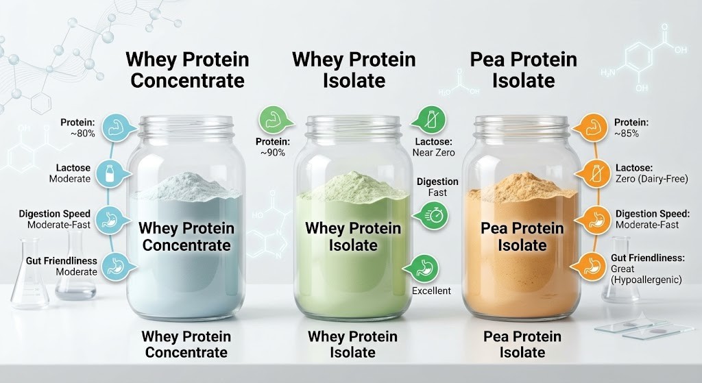 A comparative infographic comparing three transparent glass jars of protein powder: Whey Protein Concentrate, Whey Protein Isolate, and Pea Protein Isolate, set against a laboratory background. Callout icons provide data on the protein percentage, lactose level, digestion speed, and gut friendliness for each type of protein.