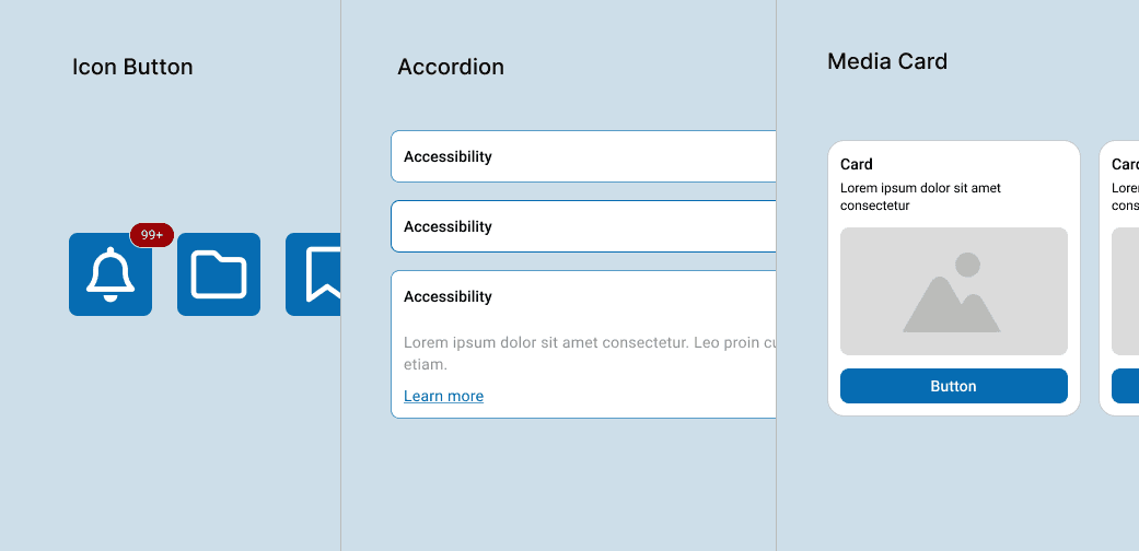 3 custom components including icon buttons, accordian, and a media card